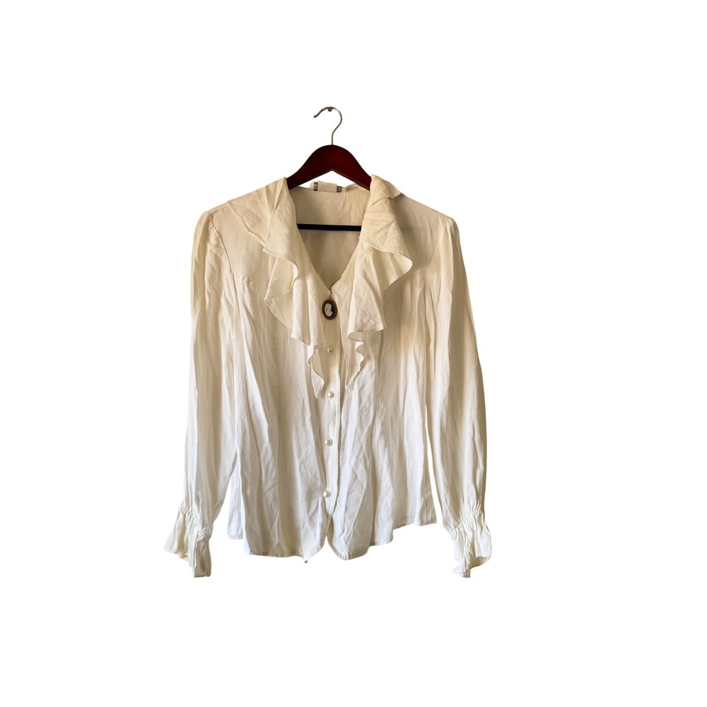 Vintage Cream Ruffle Collar Blouse Cameo Brooch Pearl Button medium